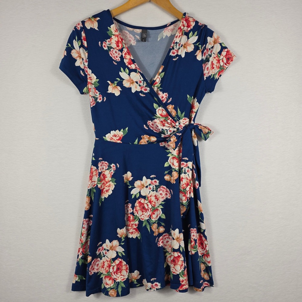 Alaya Wrap Dress Women Small Blue Floral Short Sleeve V-Neck * SEE DESCRIPTION *